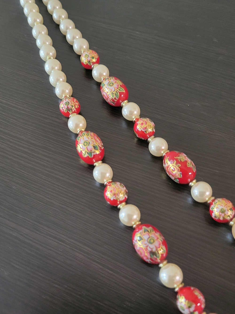 Beaded floral Hand Painted Red & Gold Gilt Pearl Necklace Vintage